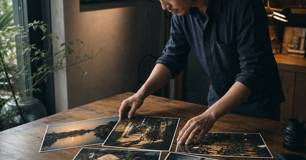Travel photography portfolio curation with Vietnam photo prints arranged on an editing table