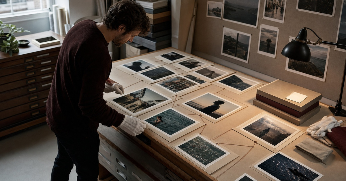 Photographer sequencing a travel portfolio with coherent image context and story flow