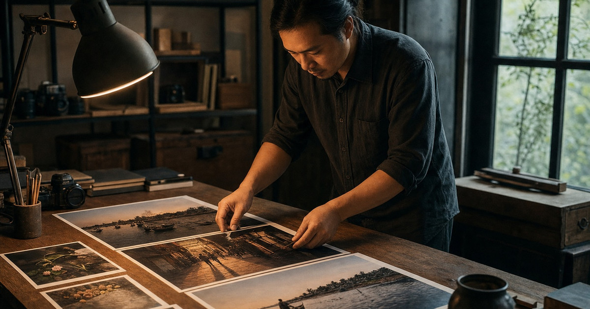 Travel photo essay structure shown as a photographer arranging Vietnam image prints into a visual sequence
