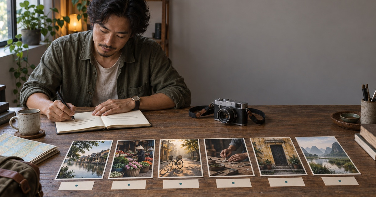 Travel photography captions workflow with a photographer writing field notes beside six edited prints